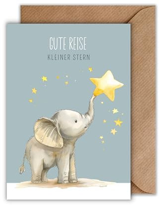 WBdesignz Trauerkarte Sternenkind mit Elefant mit Umschlag - „Gute Reise kleiner Stern“ – liebevoll illustrierte Karte zum Abschied für Kinder - Abschied - Kondolenzkarte (DIN A6)