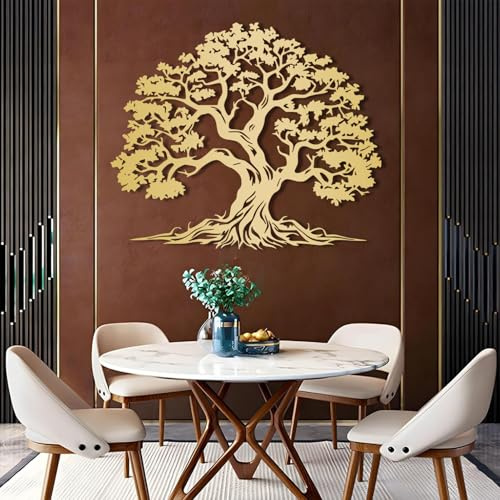 Flyoak Decorazione da parete con albero della vita, decorazione da parete in metallo, grande, rotonda, da appendere per esterni, per soggiorno, camera da letto e ufficio (oro, 100 x 84 cm)