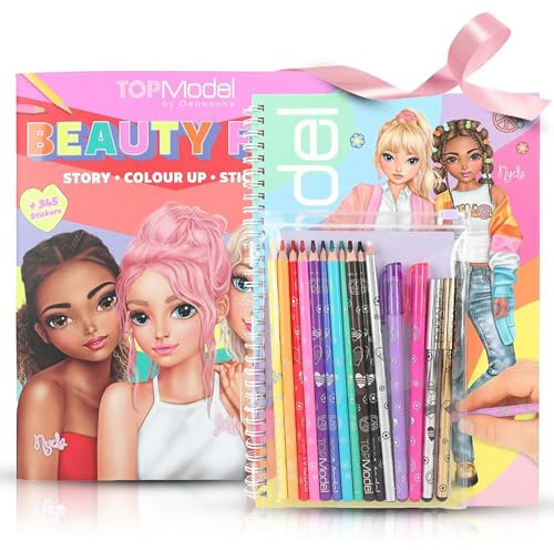 TOPModel Malbuch Set + TOPModel Malbuch BEAUTY FUN: Ultimatives Kreativ-Set für modebegeisterte Mädchen - mit 10 Buntstifte, 4 Gelstifte (Gold, Silber, Pink, Lila), 1 Radier-Stift