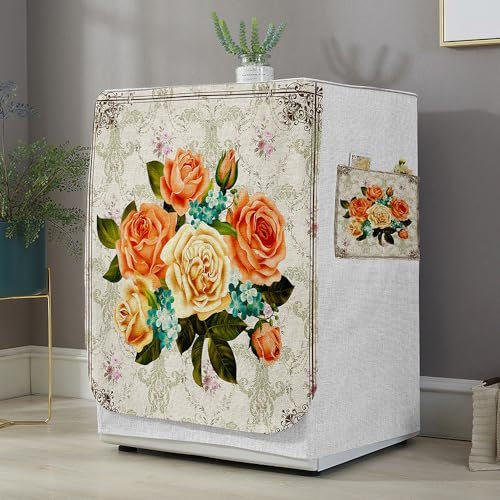 Highdi 3D Funda de Lavadora Cubierta Exterior,Adapta a la Mayoría de Lavadoras y Secadoras de Carga Frontal Protector Solar a Prueba de Polvo (L Capacidad 10.5~12 KG,Rosas Naranjas)