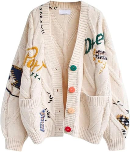 SAGGION Women's Cable Knit Long Sleeve Cardigan V Neck Colorful Open Front Button Embroidered Knitted Sweater Coat Pocket,L Apricot