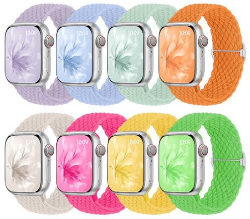 8 Stück Geflochtenes Armband Kompatibel mit Apple Watch 38mm 40mm 41mm 42mm 44mm 45mm 46mm, Elastisches Nylon Stoff Band für Apple Watch 11 10 9 SE 8 7 6 5 4 3 2 1