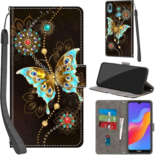Haninsuze Handyhülle für Huawei Y6 2019 Hülle, grüner Schmetterling | PU Leder, Klappbar, Kartenfächer, Ständer, Kameraschutz, Brieftasche, Magnet, Stoßfeste, Muster Motiv