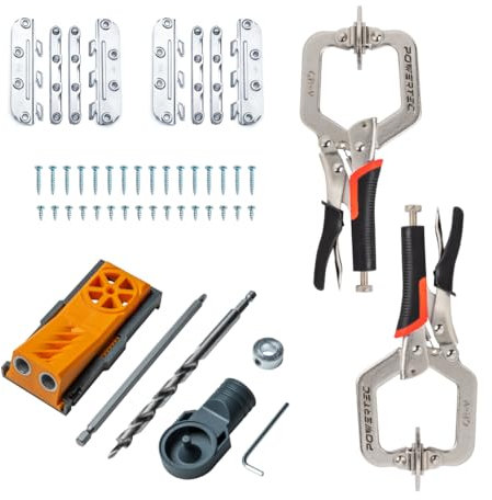 POWERTEC 72202 Pocket Hole Jig with 2pk 2-Inch Face Clamps and 4pk Surface Mounted Bed Rail Brackets with Mounting Screws