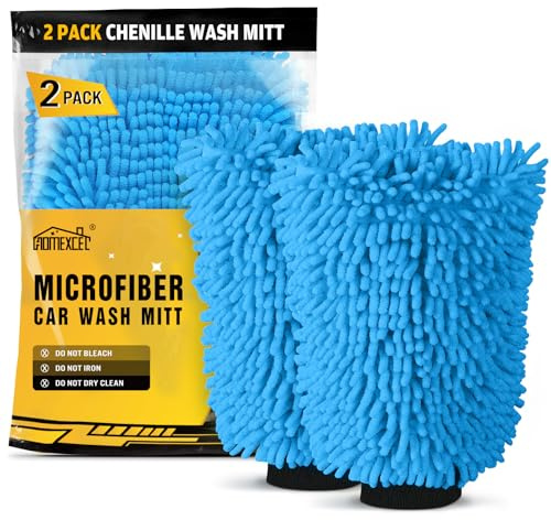 HOMEXCEL Car Wash Mitt, 2PK Chenille Microfiber Wash Mitt, Scratch-Free & Lint-Free, Rich Foam, Highly Absorbent, Double Sided, Perfect for Car Washing and Detailing, 10.2 x 6.7 , Blue