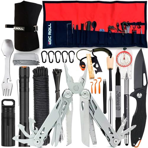 Kit de Survie Complet Francais Haute Qualité + Trousse de Secours + Paille Filtrante + Outils Multifonction + Pince Multifonction, Couverture de Survie, Kit de Survie Randonnée, Camping, Bushcraft