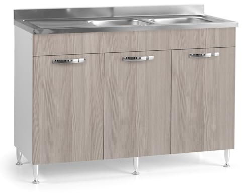 REDÒKASA Sottolavello per cucina componibile da 120 cm con tre ante, realizzata in legno 100% MADE IN ITALY (Con Lavello Vasche a Destra, Olmo)
