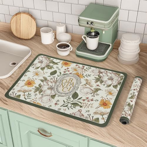 SITAKEGS Lot de 2 tapis d'égouttement absorbants pour café vintage - Tableau floral - Microfibre douce - Cuisine - Égouttoir - Base en caoutchouc antidérapant - Tapis de séchage pour ustensiles de
