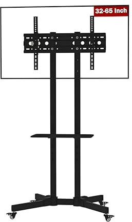 LAFLAURENT Height Adjustable Mobile TV Stand for 32-65 TVs, VESA Up to 600x400mm, Supports Up to 50kg, Adjustable Shelf & Integrated Cable Management, Black