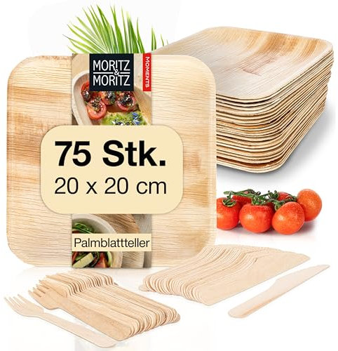 Moritz & Moritz Nachhaltiges Palmblatt Geschirrset für 75 Personen - 75 Teller Einweg 20 x 20 cm - 75 Holzbesteck Einweg - Alternative zu Bambusteller und Bambus Geschirrset