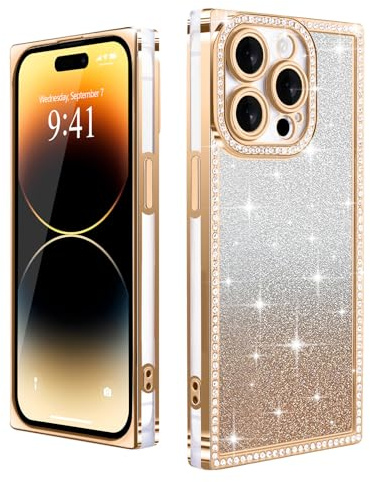 Urarssa for iPhone 14 Pro Max Case Glitter, Cute Rectangle Sparkle with Bling Diamonds Clear Phone Case for Women Gilrs, Slim Plating Bumper Camera Lens Protection Silicone Shockproof Cover, Gold