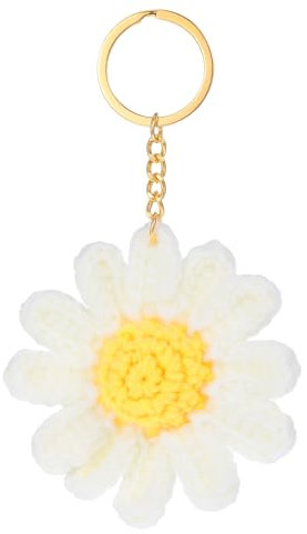 Bruislard Porte-clés en forme de fleurs de marguerite - Décoration crochetée - Tricoté à la main - Fait à la main - Pour femme - Tissu floral mignon, Blanc, jaune et doré, taille unique