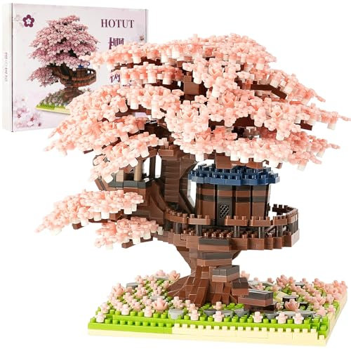 HOTUT Mini Sakura Arbre Maison Construire Bloc, 2151 Pièces Ensembles Construction Bonsaï Sakura avec lumière LED, Micro Blocs de Construction, Cadeau pour Adultes et Enfants (Rose)