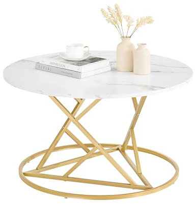 ZECIIYE Couchtisch Rund Modern, Wohnzimmertisch Marmor Optik,Runder Sofa Tisch mit Goldfarbene Metallbasis,80 x 80 x 45 cm,Weiß & Gold