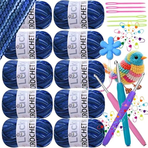 10 Stück Farbe Acryl Wolle zum Häkeln,500g Häkelgarn Bunt Farbverlauf, Acrylgarn zum Stricken, Weiches Mehrfarbiges Garn zum Stricken, Häkeln und DIY Kunsthandwerk (Blau Meer Spray)