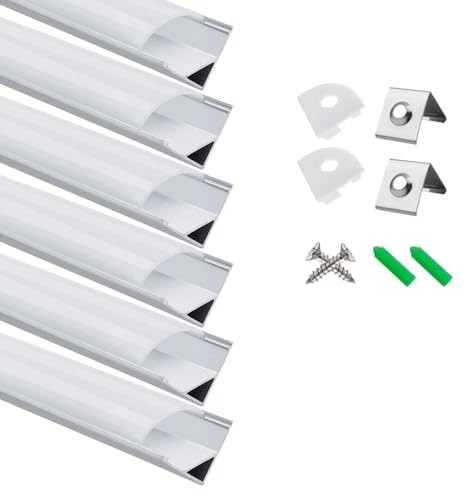LightingWill LED Profil 6 × 1m, V-Form Aluminium Profil in Silber mit Milchweißer Abdeckung, Endkappen und Montageclips für LED-Streifen