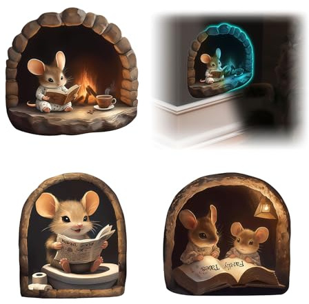 3-teilige 3D-adhésifs muraux avec trou de souris à décoller et coller – adorables souris de dessin animé lisant et se détendant, autocollants muraux décoratifs en vinyle pour chambre d'enfants,