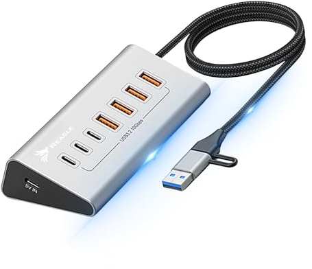 REAGLE 7-Port HUB, USB 3.2 mit 100 cm Kabel für Desktop, 7in1, 4X USB-A und 3X USB-C, Plug and Play, Aluminium USB Verteiler 10Gbps, für PC, Laptop, MacBook, U-Disk, Maus