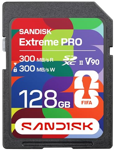 SANDISK Carte SD UHS-II Édition Coupe du Monde de la FIFA 2026 de 128 Go (Vitesses de Lecture et d’écriture Jusqu’à 300 Mo/s, V90, 8K, l’Application de Bureau SanDisk Memory Zone)