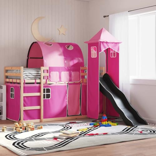 YuuSsea Kinder Hochbett Kiefer Massivholz mit Rutsche, rosa Vorhängen, Turm & Tunnel, 90x200 cm, Robustes Bettgestell für Spiel & Schlafzimmer, sicherer Rausfallschutz