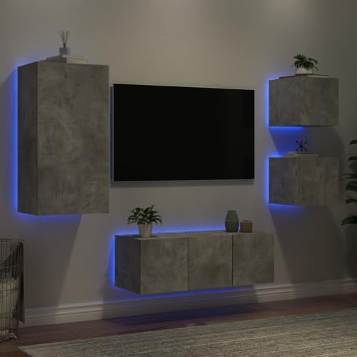 ZQQLVOO 5 Piece TV Wall Units with LED Concrete Grey Engineered Wood, Floating TV Cabinet with RGB Lights, Modern Wall-Mounted Storage for Living Room, Ample Space for Media
