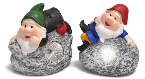 ADEPTNA 2 Pack Solar Garden Gnome Lights Cement Gnome on Rock Outdoor Solar Lights Waterproof LED Garden Ornaments Decorative Pathway Lights for Patio Lawn Yard Border Automatic Night Garden Decor