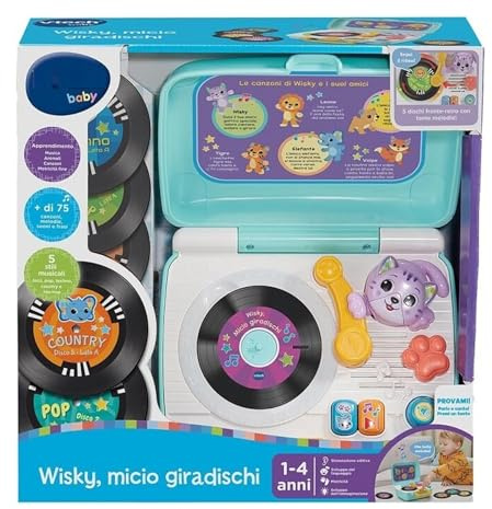 Baby Whisky Micio Giradischi – Giradischi Bambini Interattivo con 5 Dischi Fronte Retro, 75 Canzoni e Suoni, Valigetta Inclusa, Volume Regolabile, Gioco Musicale Educativo 1-4 Anni, Italiano