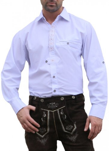 Herren Trachtenhemd Weiß Baumwolle – regular fit Klassisches Herrenhemd Trachten Hemd mit Edelweiß Stickerei, Krempelarm verdeckte Knopfleiste, Brusttasche, langarm, atmungsaktiv & bequem Größe