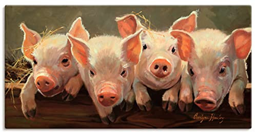 ARTLAND Wanddeko Leinwand Bilder Wandbild 100 x 50 cm Tiere Haustiere Schwein Malerei Pink Rosa Das große Grunzen T1SC