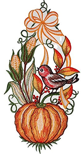 Fensterbild 16x30 cm + Saugnapf Plauener Stickerei Spitze Kürbis mit Vogel Spitzenbild Halloween Herbst