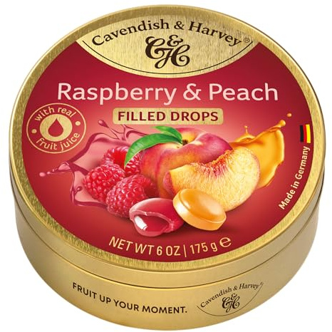 Cavendish & Harvey Raspberry & Peach Drops gefüllt 175g Dose | Fruchtige Himbeere, Süßer Pfirsich | Gefüllte Fruchtbonbons | Vegan, Halal, Koscher | 1 x 175g