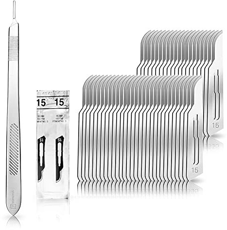 Lot de 50 lames de scalpel figurine 15 en acier carbone - Lames de rechange emballées individuellement stériles + 1 May - Support scalpel avec manche de 21 cm - Acier inoxydable