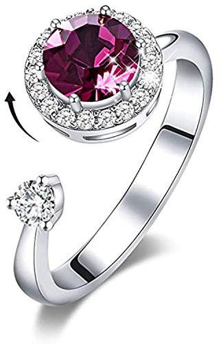 DYD Ring Silber Damen, Rotierende Geburtsstein Ring Platin für Damen Kristall Ringe, Ring Schmuck Größe (Pink-Feb)