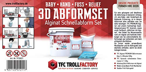 TFC 3D Baby Hand Fuß Relief Abformset, mit 500g TFC Alginat Abformmasse 3-4 Minuten, 1kg TFC Xyrarock Giessmasse 4:1, Mischbecher und Rührspatel sowie unser Fachbuch „Abformen mit Alginat“