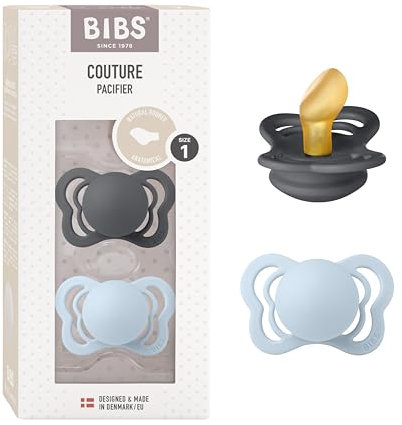 BIBS Couture Schnuller 2er-Pack, BPA-frei, Kiefergerechte Form. Naturkautschuk/Latex, Hergestellt in Dänemark. 0-6 Monate (2er Pack), Iron/Baby Blue