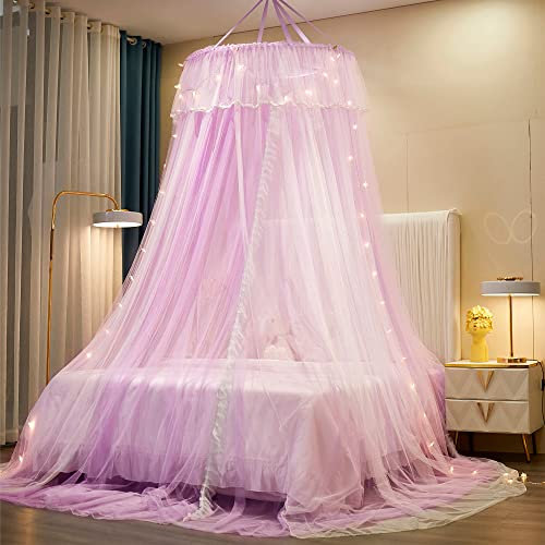 VETHIN Prinzessinnen-Betthimmel für Mädchen, Betthimmel-Vorhang, doppellagig, durchsichtig, Netzstoff, Kuppelbett-Vorhang, runde Spitze, Prinzessinnen-Moskitonetz, Zelt mit LED-Sternen, Lila,Weiß