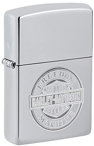 Zippo Accendino antivento Harley Davidson Freedom Machine, cromato lucido, ricaricabile, fiamma regolabile, confezione regalo, in metallo, prodotto negli Stati Uniti
