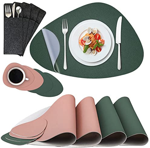 DIKTOYOU Tischsets Untersetzer und Bestecksäcken, Tischsets Abwaschbar 12er Set, Doppelseitigen rutschfest Platzdeckchen PU-Leder Kunstleder Platzset Lederoptik Tischset