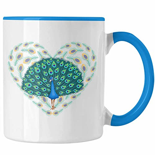 Trendation - Pfau Deko Tasse Geschenk Schöne Grafik Pfauen-Besitzer Geschenkidee Herz (Blau)