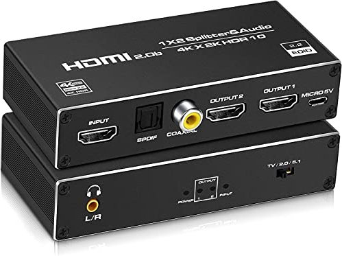 HDMI Audio Extractor, 4K 60HZ HDMI Splitter 1 In2 Out for Dual Monitor with Optical Toslink SPDIF+Coaxial+3.5mm Audio Out Supports HDR10, HDCP2.3 for Xbox PS5 Blu-Ray Player Fire Stick HDTV