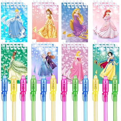 BAJEKO Regali per feste da principessa, 24 pezzi, 12 UV invisibili e 12 quaderni principessa, regalo di compleanno per bambini