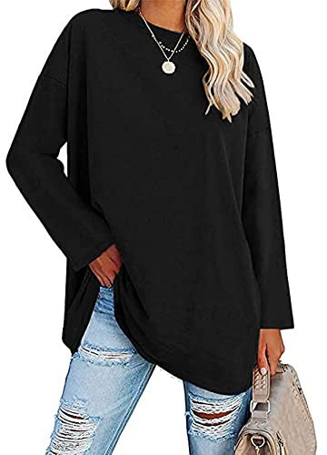 Famulily Black Long T Shirt Loose Tops for Women Ladies Casual Round Neck Long Sleeve Oversized T Shirt Tops Black L