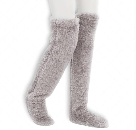 Over Knee Plyschstrumpor, Dubbelsidig Plysch Over Knä Sockor Winter Home Sleeping S Ck Mjuka Plyschstrumpor för Kvinnor och Män,Sovstrumpor för Vinterhem med öppning,Fogkylskydd (Grå)