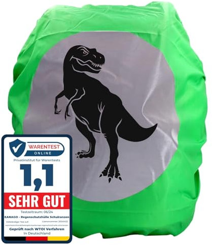 EANAGO Premium Regenschutz für Schulranzen und Rucksack - mit großem Sicherheitsreflektor - 100% wasserdichte Regenhülle - universell passend - Regenüberzug Ranzenhülle (Grün_Dino)