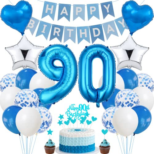 Jrzyhi 90. Geburtstag Dekoration,Blau Tortendeko Geburtstag 90 Jahre Männer,Party Deko Silber,90 Geburtstag Frauen Männer,Tortendeko 90. Geburtstag Mann Frauen,Geburtstagsdeko 90 Jahre Mann Frauen