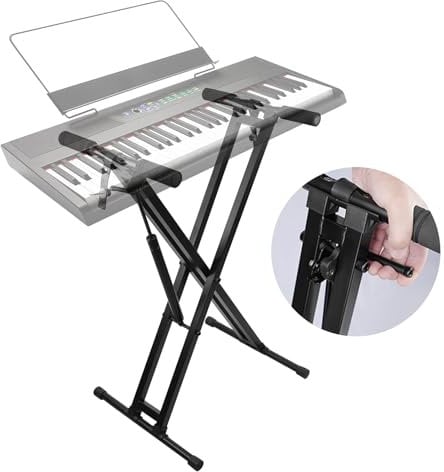 GUITTO Keyboard Piano Stand Gas Spring One-button Easy and Smooth Lifting Function Heavy Duty X Style Adjustable and Portable Music Keyboard Stand with Locking Straps with Skid-proof Pads GKS-02