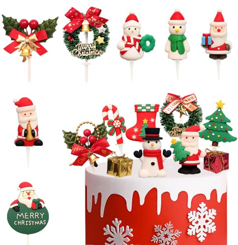 16 Stück Weihnachten Kuchendeko, Weihnachtskuchen Cupcake Topper Mini Figuren Kuchendeckel Weihnachtsmann Schneemann Girlande Cake Topper für Weihnachten Kuchen Dekorationen