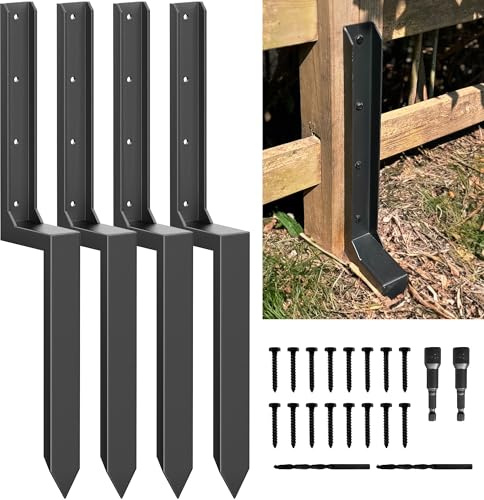 AKINGKONG Fence Post Repair Kit - Thickened 11-Gauge Steel Anchors & Stake for Broken/Leaning 4x4/6x6 Wood Posts (One-Piece, 4-Pack)
