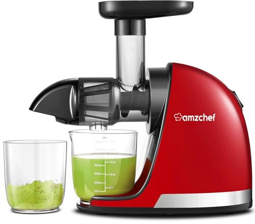 AMZCHEF Extracteur de Jus de Fruits et Légumes - Extracteur Jus à Froid sans BPA avec 2 Tasses et Brosse - Fonction de Mastication Inversée pour Éviter les Blocages - Rouge