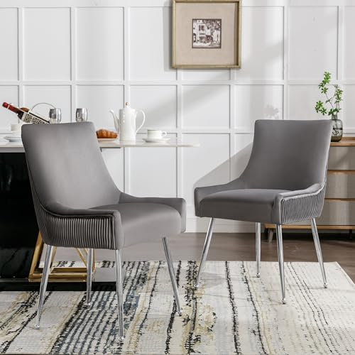HAINEW Esszimmerstuhl 2er Set mit Metallgriff und Metallbeinen, Moderner Samt Freizeitstuhl Lounge-Stuhl Gepolsterter Stuhl, Küchenstuhl Polsterstuhl für Wohnzimmer und Schlafzimmer (Grau+Silber)